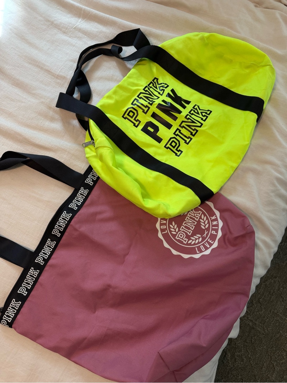 PINK Victoria's Secret Neon Yellow Duffel & Mauve Tote Set